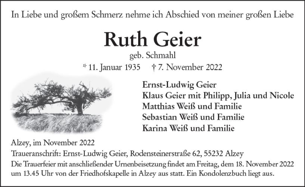  Traueranzeige für Ruth Geier vom 12.11.2022 aus vrm-trauer Allgemeine Zeitung Alzey