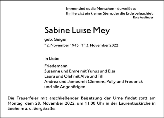 Traueranzeige von Sabine Luise Mey von vrm-trauer Darmstädter Echo