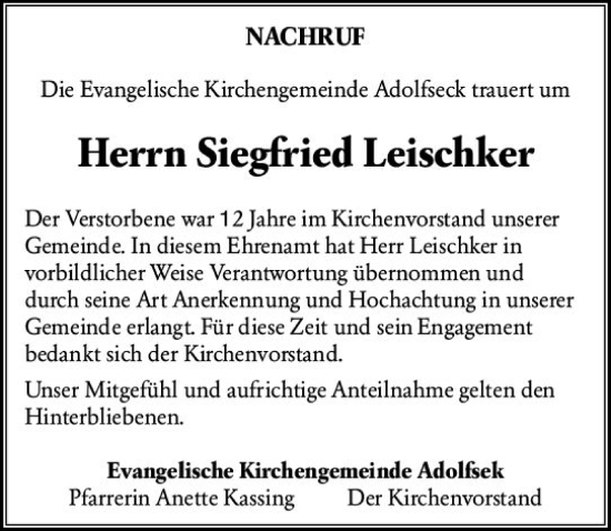 Traueranzeige von Siegfried Leischker von vrm-trauer WK-UTA