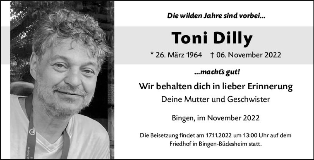  Traueranzeige für Toni Dilly vom 12.11.2022 aus vrm-trauer Allgemeine  Zeitung Ingelheim-Bingen