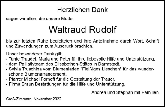 Traueranzeige von Waltraud Rudolf von vrm-trauer Darmstädter Echo