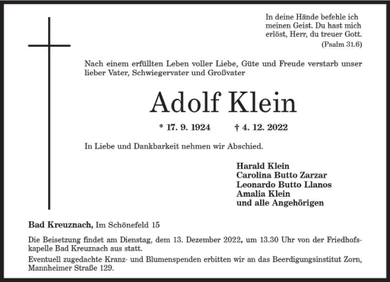 Traueranzeige von Adolf Klein von vrm-trauer Allg. Zeitung Bad Kreuznach