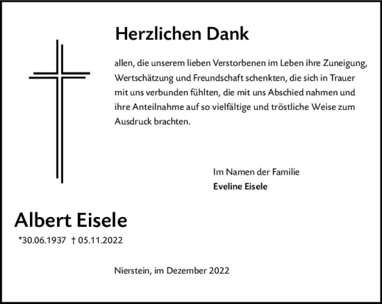 Traueranzeige von Albert Eisele von vrm-trauer AZ Mainz