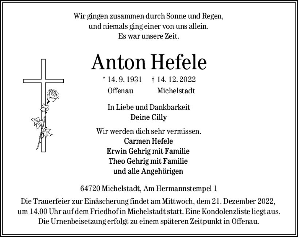 Traueranzeige für Anton Hefele vom 17.12.2022 aus vrm-trauer Odenwälder Echo