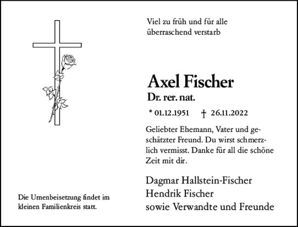  Traueranzeige für Axel Fischer vom 03.12.2022 aus vrm-trauer Darmstädter Echo