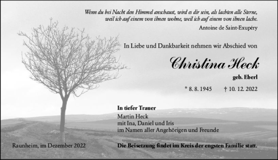 Traueranzeige von Christina Heck von vrm-trauer Rüsselsheimer Echo / MainSpitze