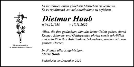 Traueranzeige von Dietmar Haub von vrm-trauer AZ Mainz