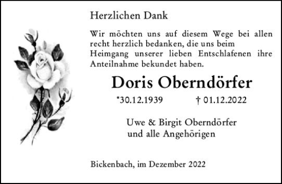 Traueranzeige von Doris Oberndörfer von vrm-trauer Darmstädter Echo