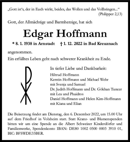 Traueranzeige von Edgar Hoffmann von vrm-trauer Wormser Zeitung