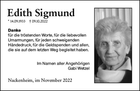 Traueranzeige von Edith Sigmund von vrm-trauer AZ Mainz