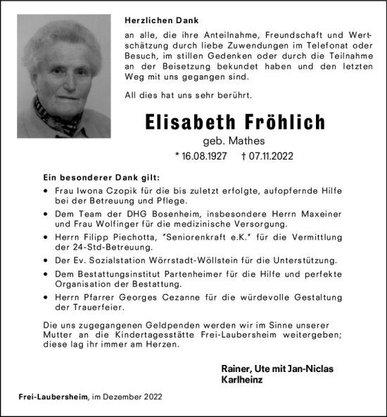 Traueranzeige von Elisabeth Fröhlich von vrm-trauer Allg. Zeitung Bad Kreuznach