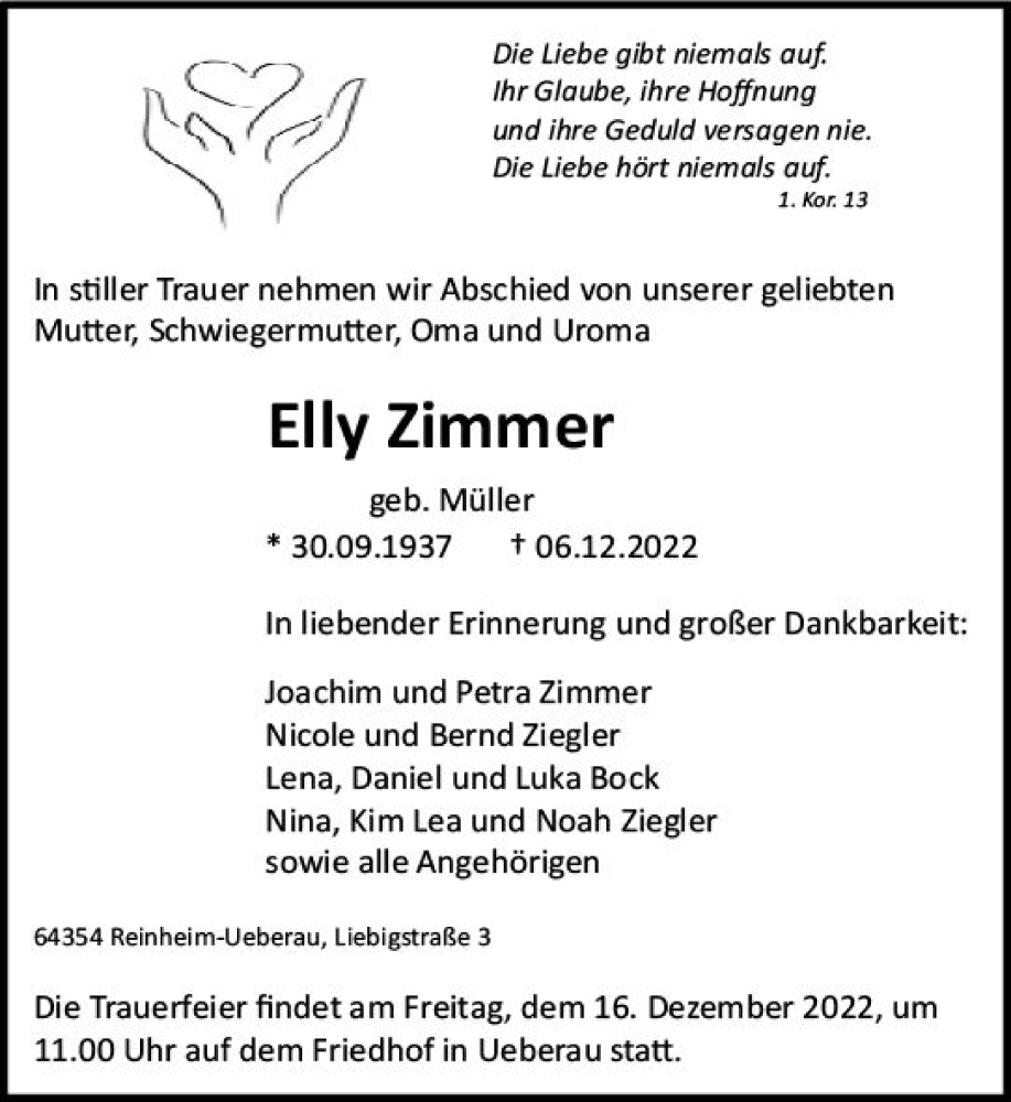  Traueranzeige für Elly Zimmer vom 10.12.2022 aus vrm-trauer Darmstädter Echo