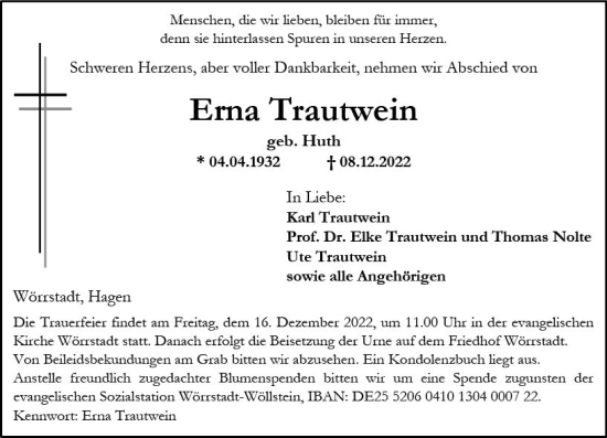 Traueranzeige von Erna Trautwein von vrm-trauer Allgemeine Zeitung Alzey