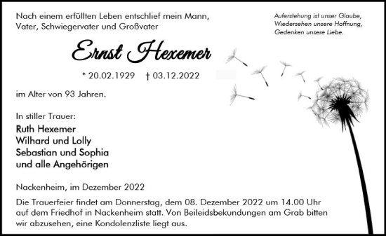 Traueranzeige von Ernst Hexemer von vrm-trauer AZ Mainz