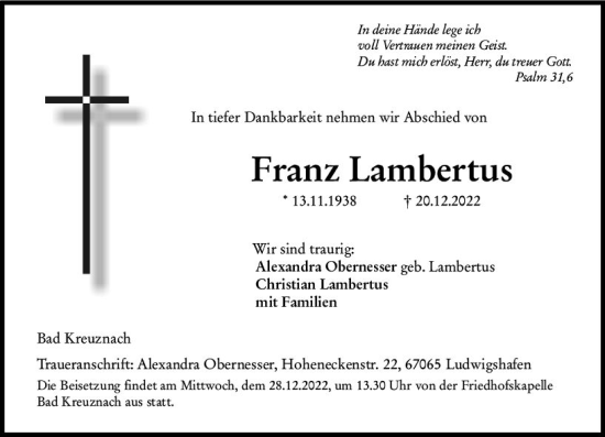 Traueranzeige von Franz Lambertus von vrm-trauer Allg. Zeitung Bad Kreuznach