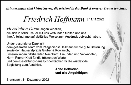 Traueranzeige von Friedrich Hoffmann von vrm-trauer Odenwälder Echo