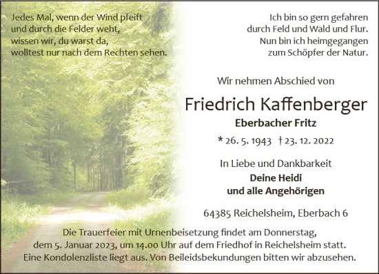 Traueranzeige von Friedrich Kaffenberger von vrm-trauer Odenwälder Echo