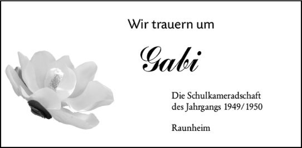 Traueranzeige für Gabi  vom 17.12.2022 aus vrm-trauer Rüsselsheimer Echo / MainSpitze