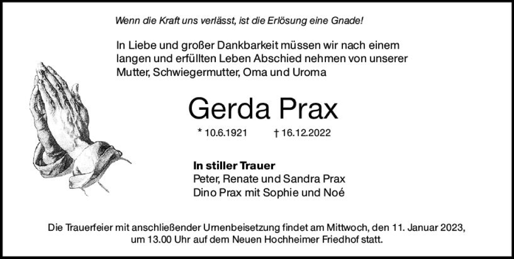  Traueranzeige für Gerda Prax vom 23.12.2022 aus vrm-trauer Hochheimer Zeitung