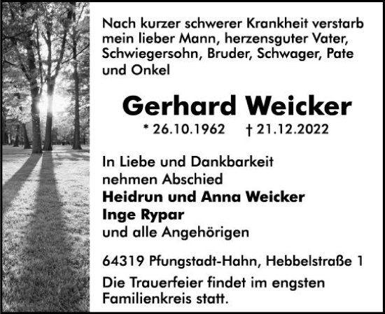 Traueranzeige von Gerhard Weicker von vrm-trauer Darmstädter Echo