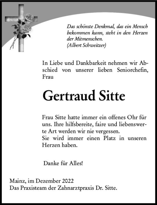 Traueranzeige von Gertraud Sitte von vrm-trauer AZ Mainz