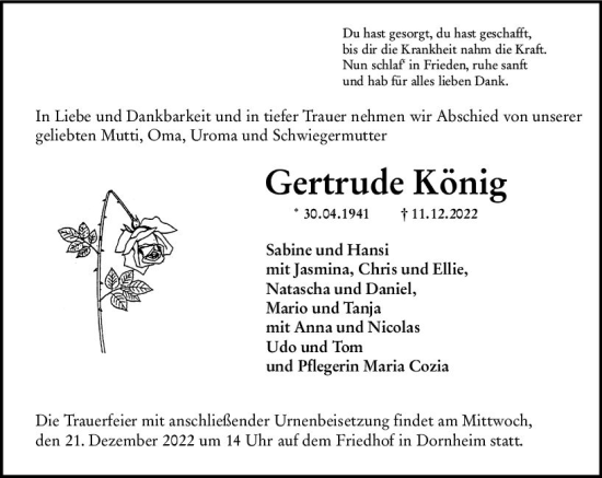 Traueranzeige von Gertrude König von vrm-trauer Groß-Gerauer Echo