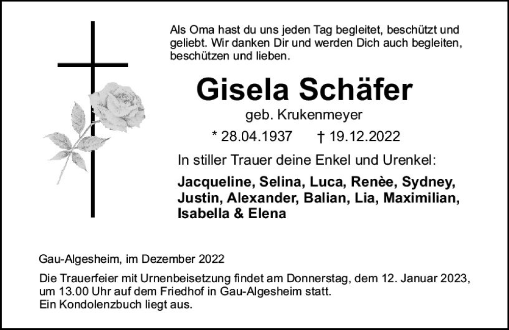  Traueranzeige für Gisela Schäfer vom 31.12.2022 aus vrm-trauer Allgemeine  Zeitung Ingelheim-Bingen