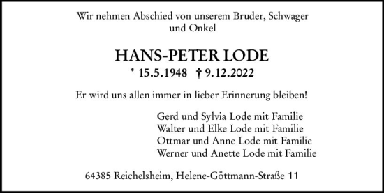 Traueranzeige von Hans-Peter Lode von vrm-trauer Odenwälder Echo
