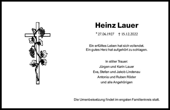 Traueranzeige von Heinz Lauer von vrm-trauer Hochheimer Zeitung