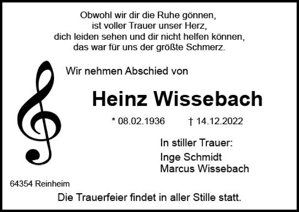  Traueranzeige für Heinz Wissebach vom 24.12.2022 aus vrm-trauer Darmstädter Echo