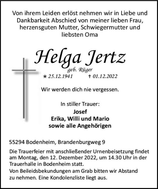 Traueranzeige von Helga Jertz von vrm-trauer AZ Mainz