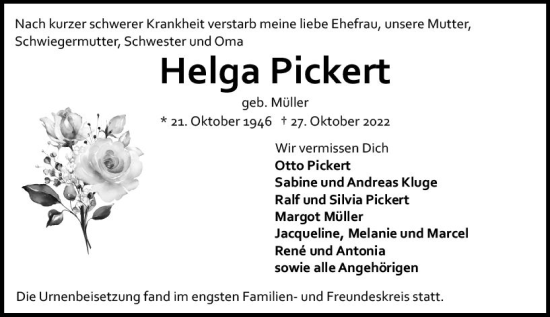 Traueranzeige von Helga Pickert von vrm-trauer AZ Mainz