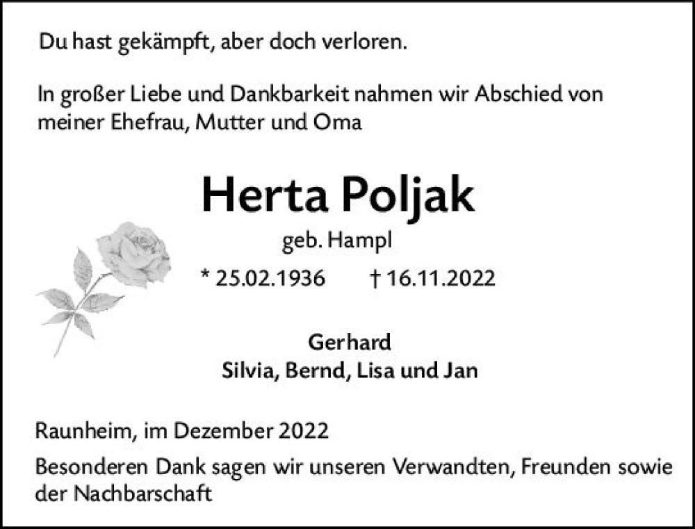  Traueranzeige für Herta Poljak vom 17.12.2022 aus vrm-trauer Rüsselsheimer Echo / MainSpitze