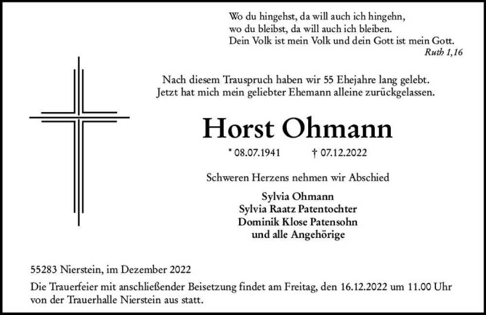  Traueranzeige für Horst Ohmann vom 14.12.2022 aus vrm-trauer AZ Mainz
