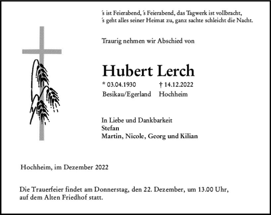 Traueranzeige von Hubert Lerch von vrm-trauer Hochheimer Zeitung