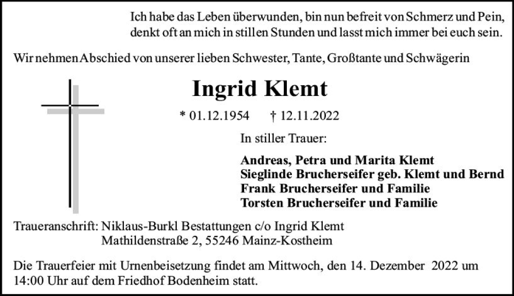  Traueranzeige für Ingrid Klemt vom 10.12.2022 aus vrm-trauer AZ Mainz