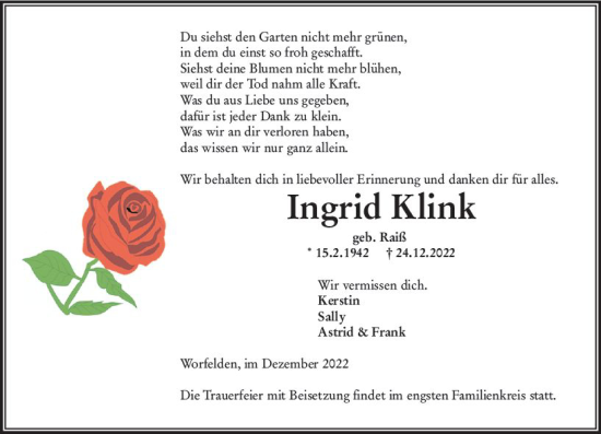 Traueranzeige von Ingrid Klink von vrm-trauer Groß-Gerauer Echo