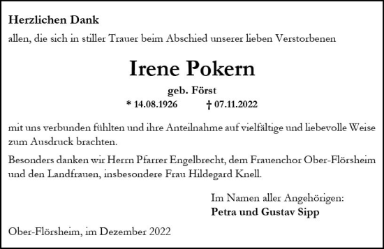 Traueranzeige von Irene Pokern von vrm-trauer Allgemeine Zeitung Alzey