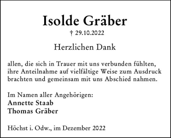 Traueranzeige von Isolde Gräber von vrm-trauer Odenwälder Echo