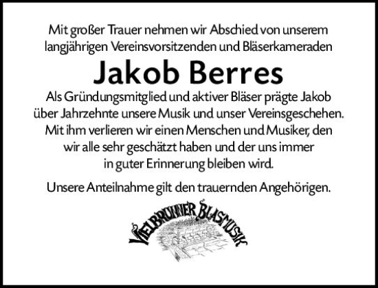 Traueranzeige von Jakob Berres von vrm-trauer Odenwälder Echo
