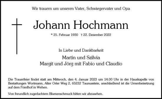 Traueranzeige von Johann Hochmann von vrm-trauer Wiesbadener Kurier