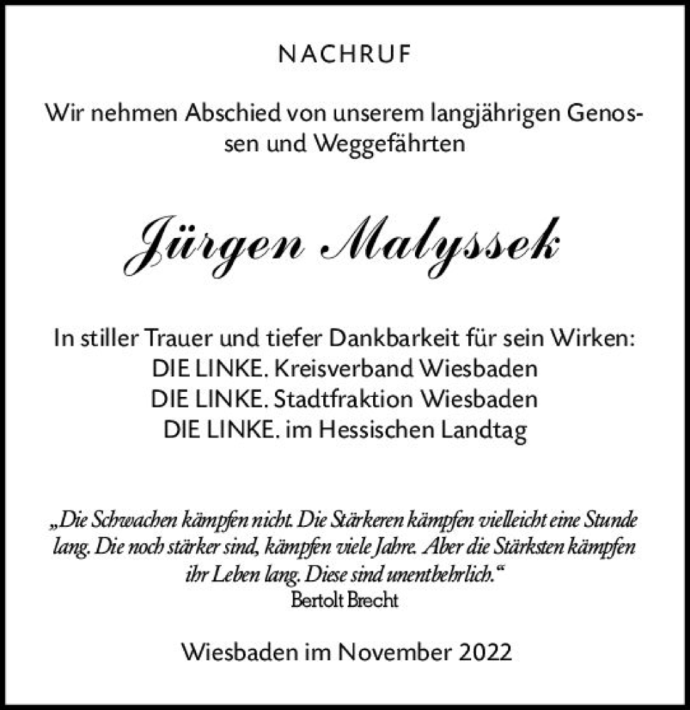  Traueranzeige für Jürgen Malyssek vom 01.12.2022 aus vrm-trauer Wiesbadener Kurier