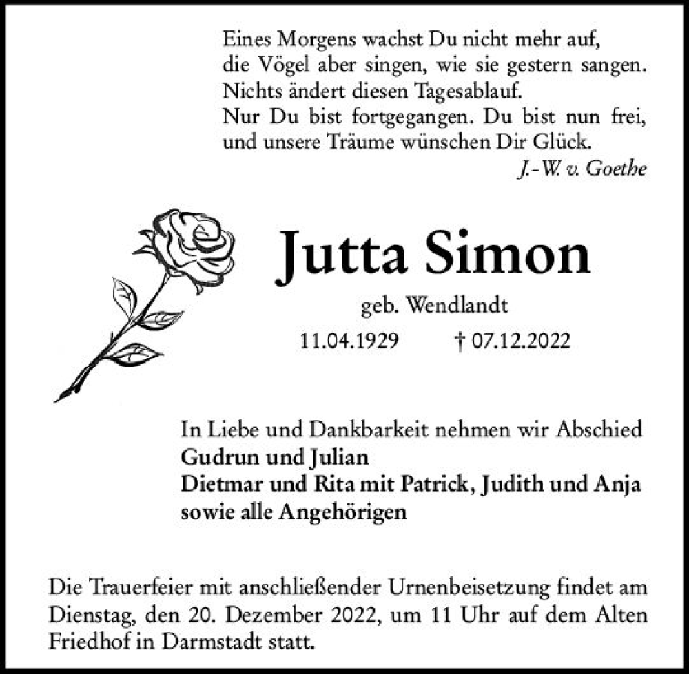  Traueranzeige für Jutta Simon vom 17.12.2022 aus vrm-trauer Darmstädter Echo