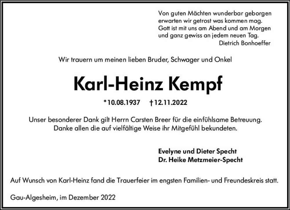  Traueranzeige für Karl-Heinz Kempf vom 17.12.2022 aus vrm-trauer Rüsselsheimer Echo / MainSpitze