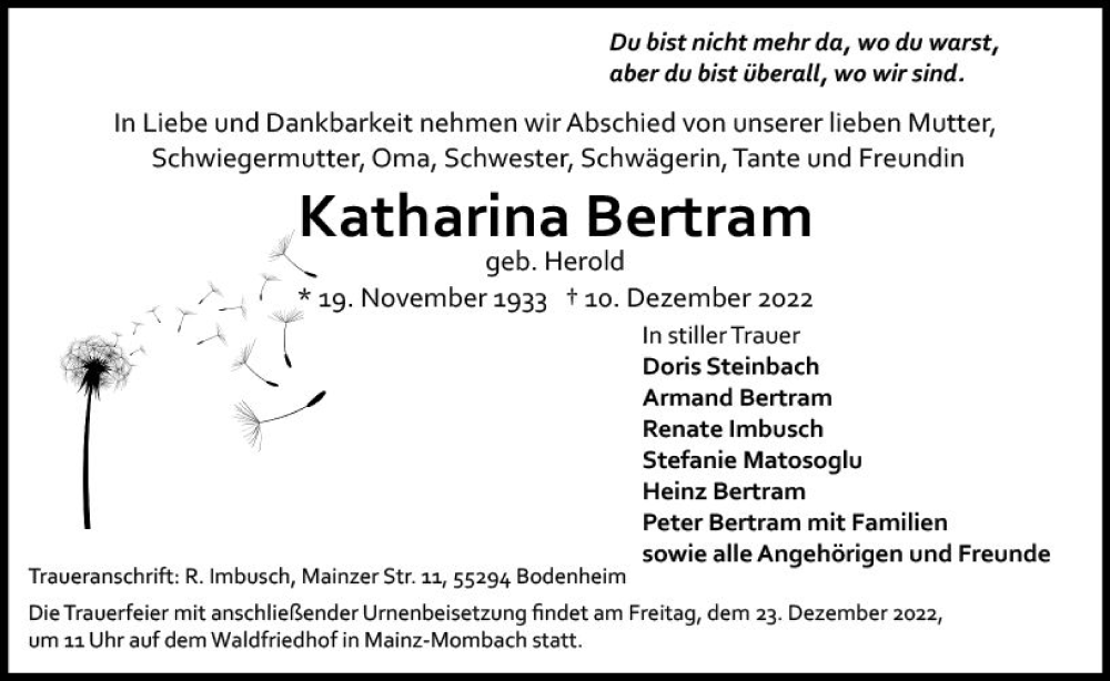 Traueranzeige für Katharina Bertram vom 17.12.2022 aus vrm-trauer AZ Mainz