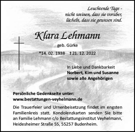 Traueranzeige von klara Lehmann von vrm-trauer AZ Mainz