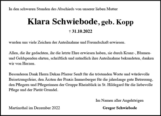 Traueranzeige von Klara Schwiebode von vrm-trauer Wiesbadener Kurier