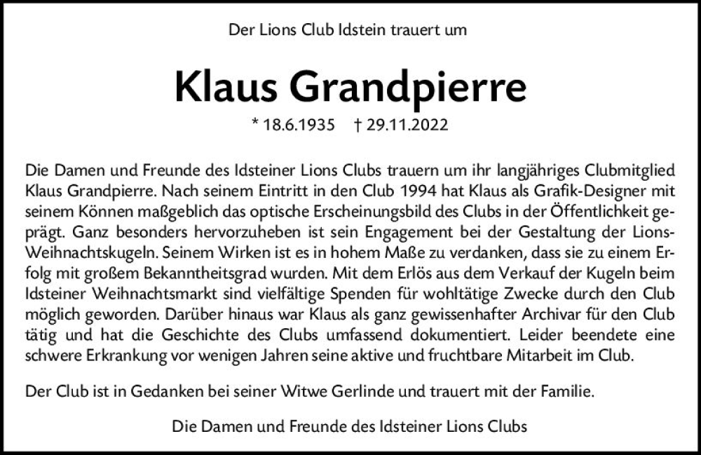 Traueranzeige für Klaus Grandpierre vom 10.12.2022 aus vrm-trauer Idsteiner Zeitung