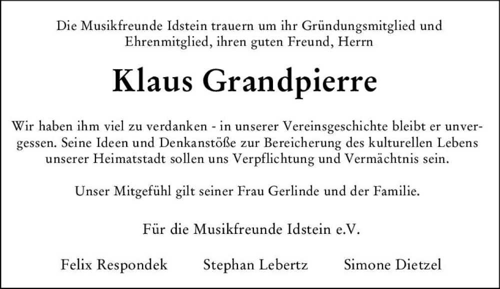 Traueranzeige für Klaus Grandpierre vom 10.12.2022 aus vrm-trauer Idsteiner Zeitung