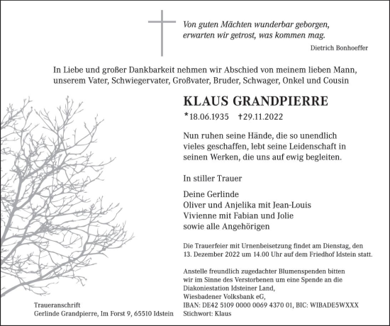Traueranzeige von Klaus Grandpierre von vrm-trauer Idsteiner Zeitung